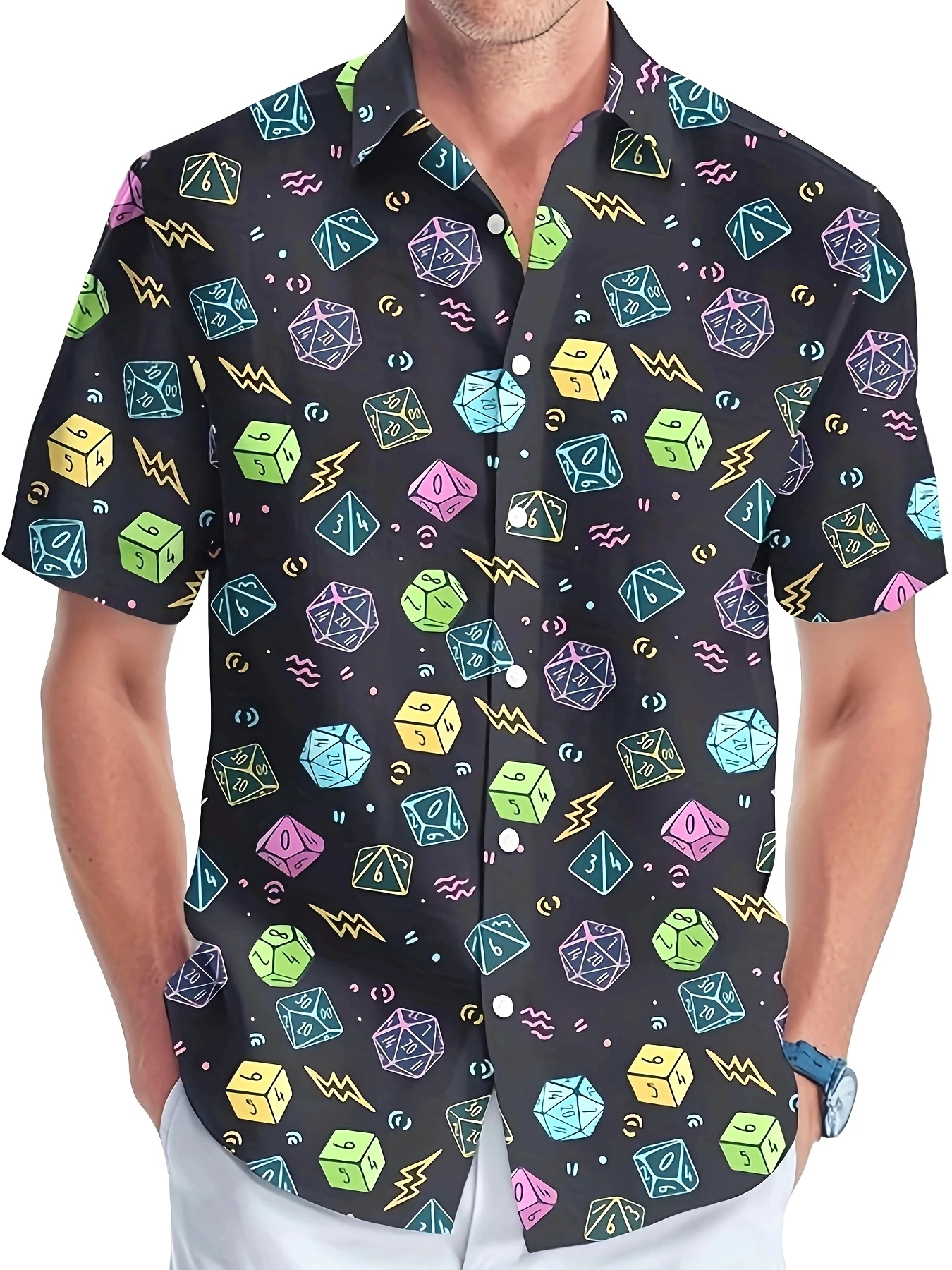 Dragon Dice Hawaiian Shirt For Men, D20 DND Print Short Sleeve Button Down Aloha Shirt, Casual Summer Beach Party Tops