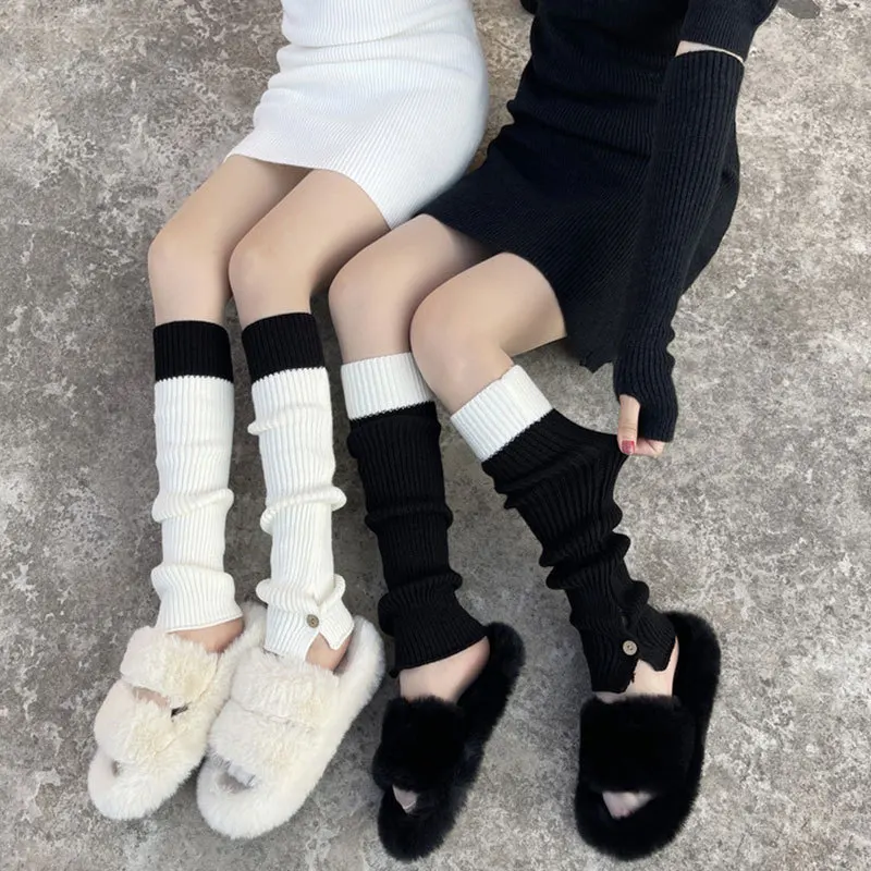 Split Button Color Splicing Autumn Winter Knitted Socks Women's Fashion Leg Cover Y2K Spice Pile Socks Gothic Lolita Leg Warmers