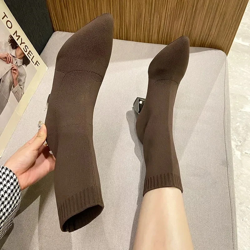 2024 New Women\'s Pointed Fashion Slim Socks and Boots Casual Fashion Thick High Heel Socks and Boots