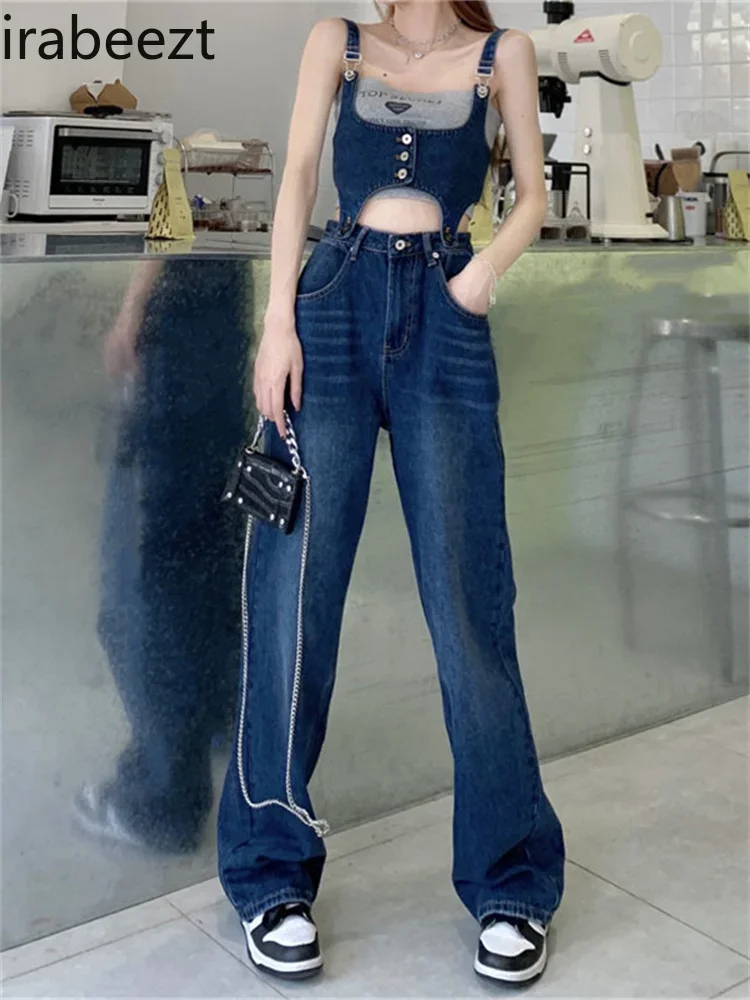 Irabeezt Vintage Casual Denim Suits Women's 2024 Autumn New Camisole Tops High Waist Wide Leg Pant Two-piece High Street Trend