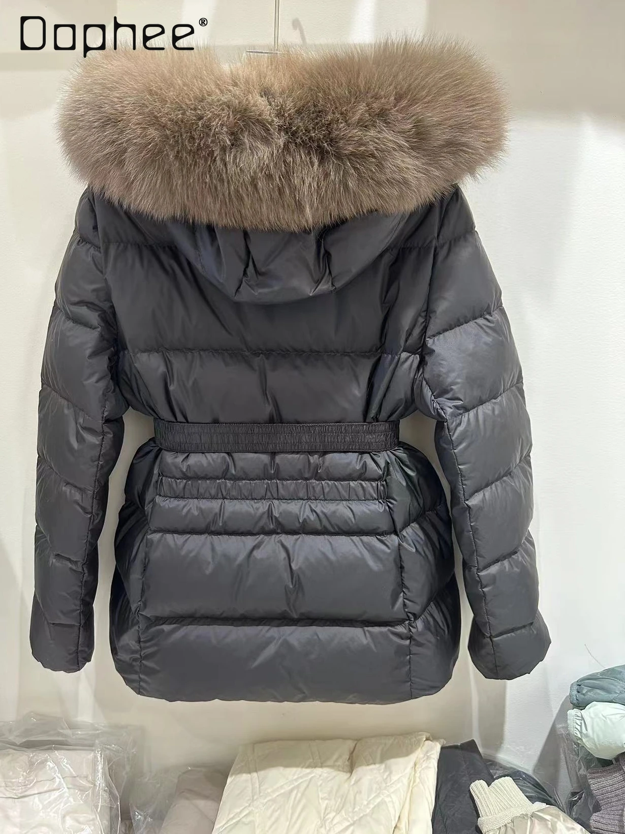 

Fox Fur Collar Hooded Down Jacket Short Winter Korean Chic Trend Solid Color Versatile Fashion Belt Slim Thickened Warm Coats