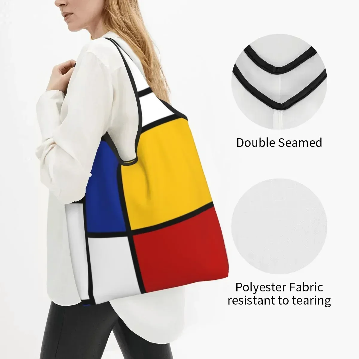 Recycling Mondrian Inspired Shopping Bag Women Tote  Portable Geometric Modern Groceries Shopper s