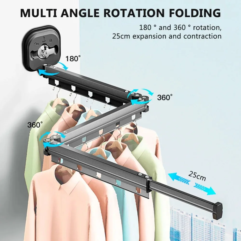 Suction Wall Mount Telescopic Folding Clothes Hanger No Punching Heavy Duty Saving Space Aluminum Alloy Hanging Pole for Balcony