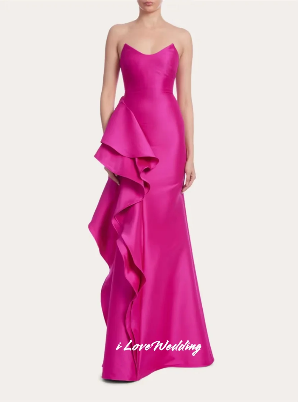 

Hot Pink Strapless Evening Dresses 2025 Sleeveless Backless Mermaid Ruffle Pleated Floor Length Wedding Party Dresses Customized