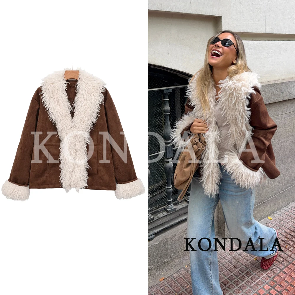 KONDALA Women Fall Winter Faux Fur Spliced Suede Coat Vintage Casual High Street Jacket 2026 Trendy Elegant Chic Lady Thick Coat