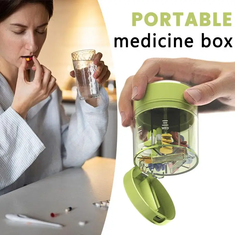 Organizador semanal de pastillas, cortador de pastillas, caja de pastillas 2 en 1, caja de medicamentos portátil con sello a prueba de fugas para viajes, caja de almacenamiento de vitaminas y pastillas de aceite de pescado
