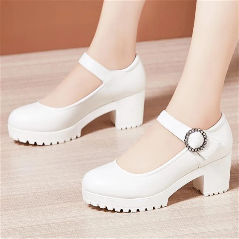 6cn 8cm 10cm high heels women's platform round toe Shallow mouth work shoes women's single shoes girls leather shoes size 32 43