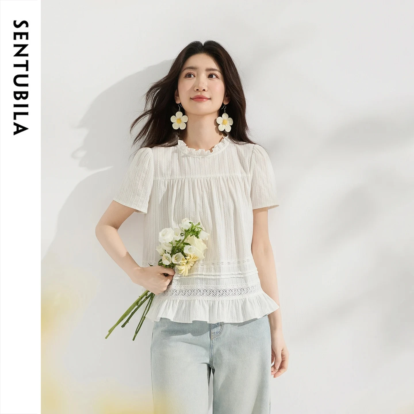 SENTUBILA Women's 100% Cotton Chiffon Blouse Hollow Lace Textured Top Elegant Ruffle Trim Crew Neck Loose A Line Shirt Q62VF7042