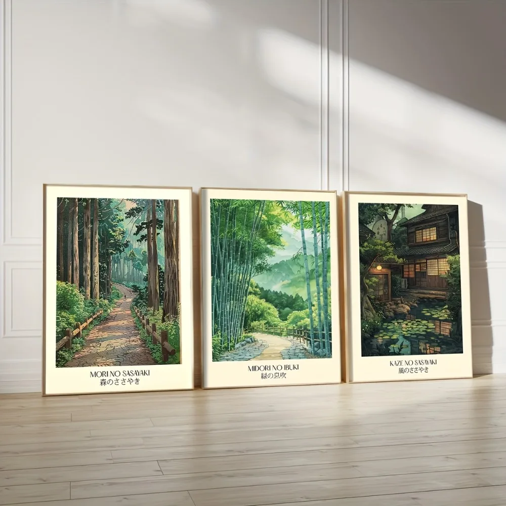 3 Stück rahmenlose Leinwandposter, Retro-interessante Kunst, japanische ländliche Landschaftskunst, Zen-Gartendrucke, Wald- und Trail-Gartenkunstposter