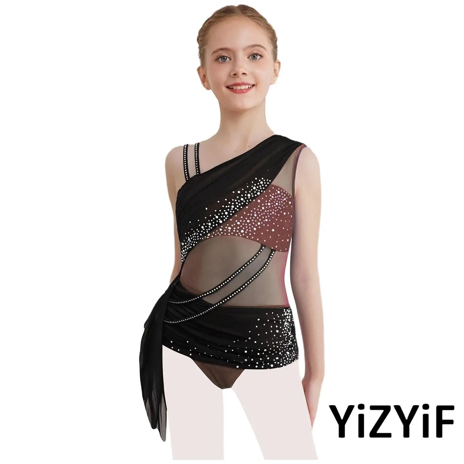 

Kids Girls Latin Dance Performance Dress Sheer Mesh Ruched Rhinestones Rumba Salsa Tango Chacha Dress for Ballet Dance Practice