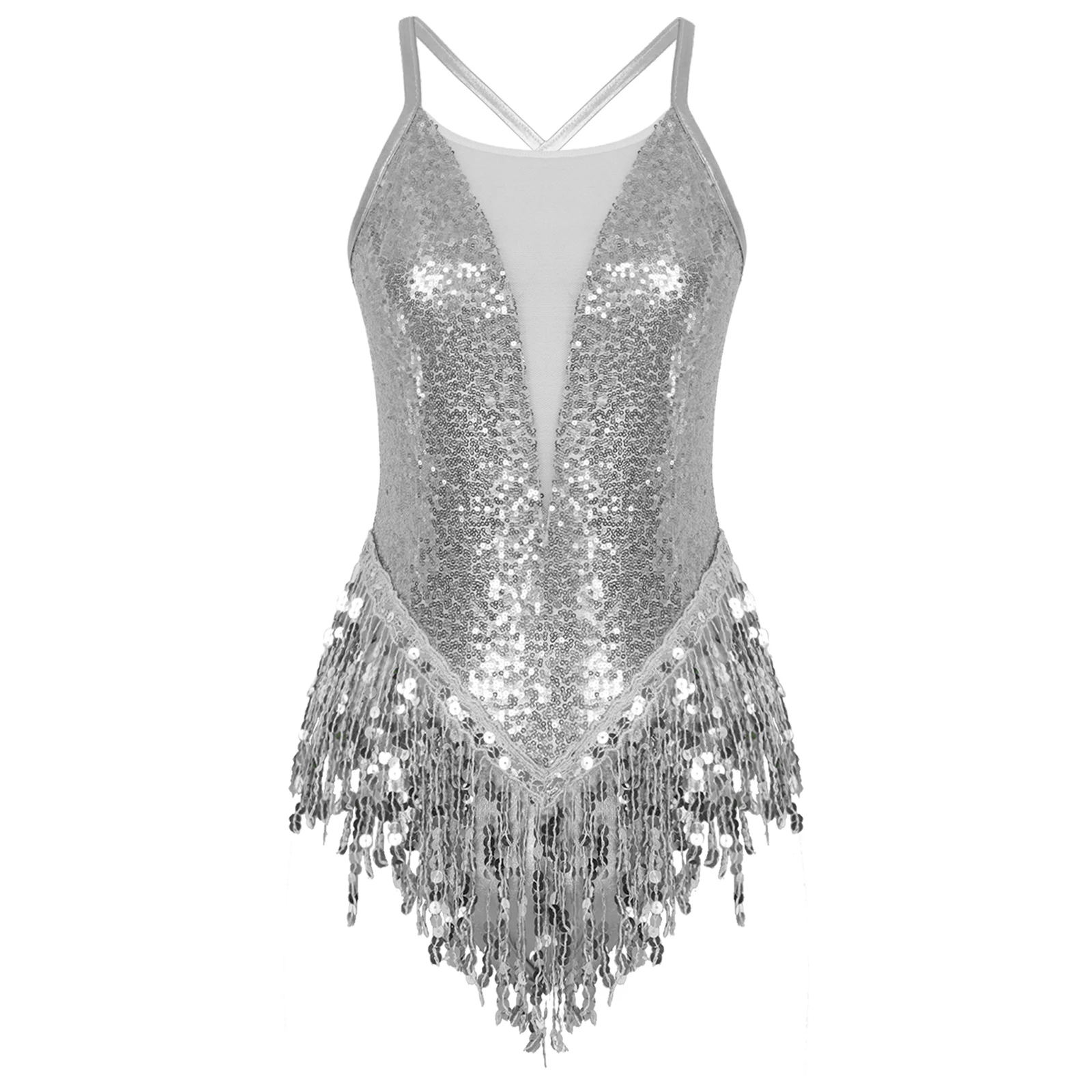 Womens Latin Tango Rumba Cha-Cha Samba Dance Performance Costume Cross Back Sparkling Sequins Fringed Leotard with 1 Pair Gloves view 3