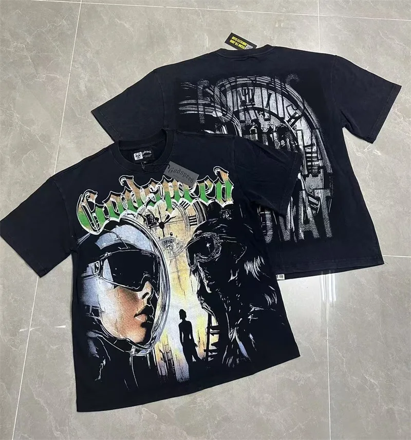 

Oversized God Speed Black Wash Tshirts Skull Print Men Women 1:1 Best Quality American Streetwear T Shirts