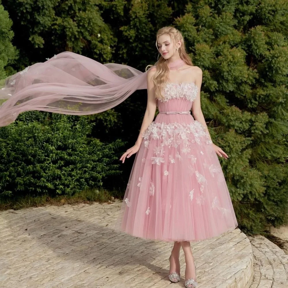 Vestido de noche plisado de flores de tul de Arabia Saudita, vestido de noche Formal, línea A, sin tirantes, a medida, vestido de ocasión Midi