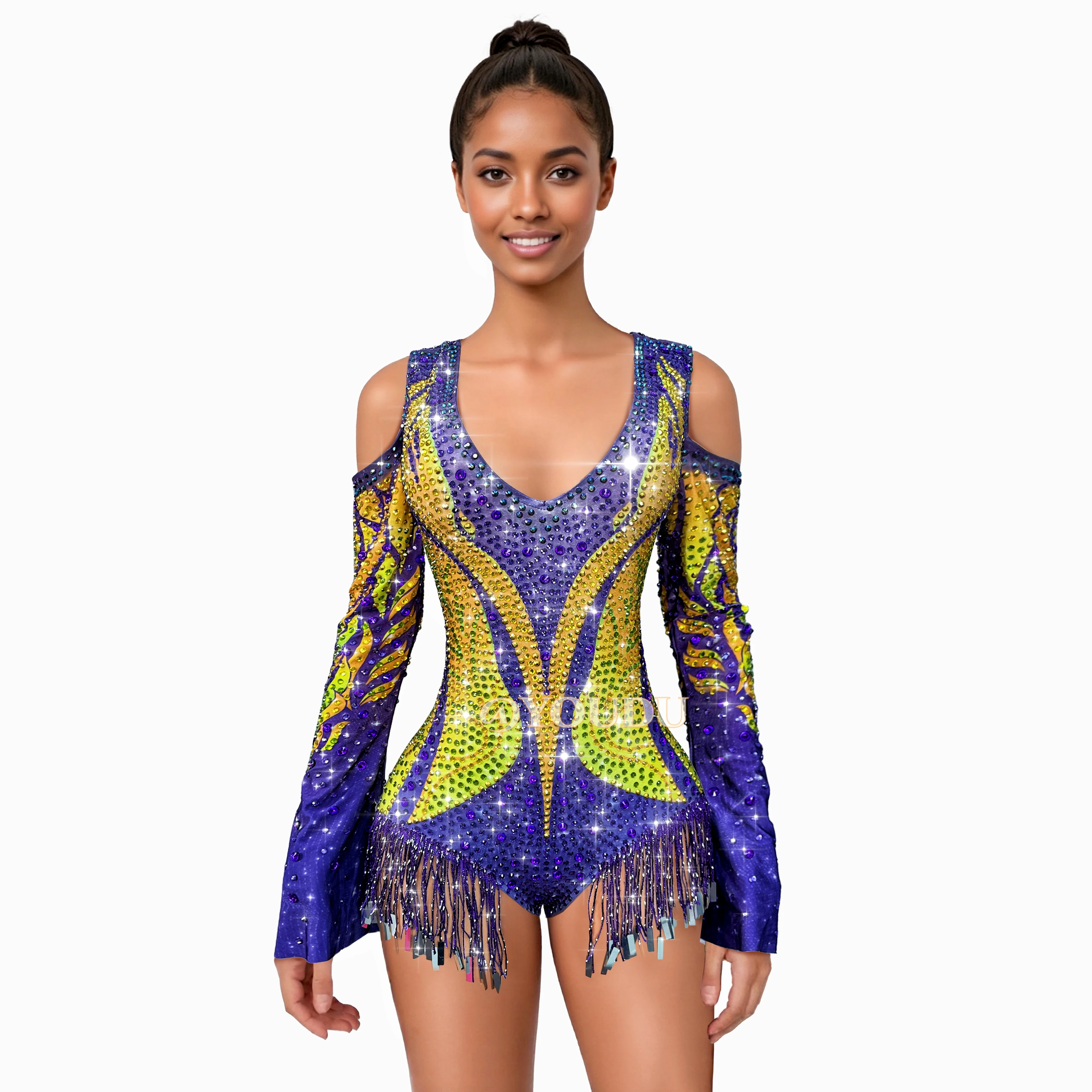 Moda hecha a mano brillante diamantes de imitación borlas fuera del hombro horquillas altas mujeres fiesta desfile de moda traje de escenario de baile Zijinju