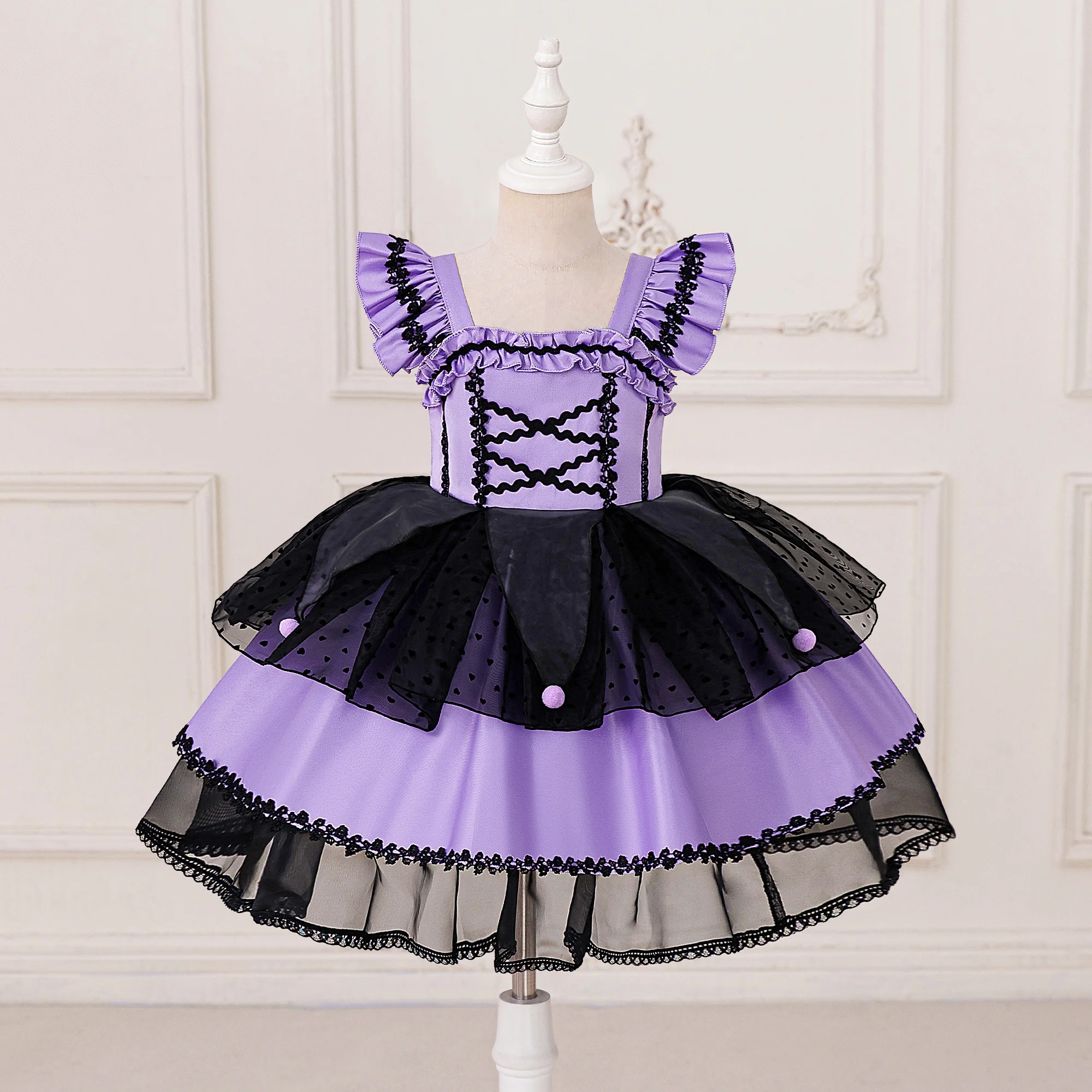 Schwarzes und lila süßes, cooles Lolita-Prinzessinnenkleid für Mädchen, flauschiges, gestuftes Partykleid – Detail 3