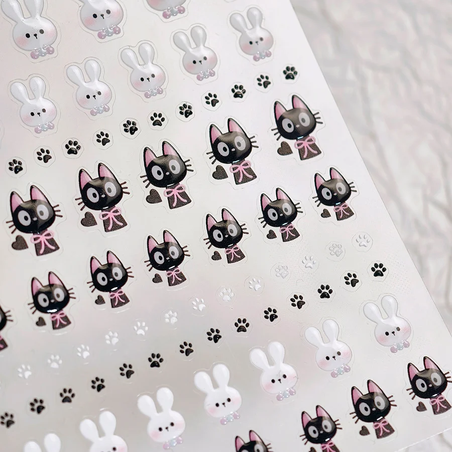 네일 아트 스티커 사랑스러운 토끼 5D 부조 매니큐어 데칼 만화 검은 고양이 흰 토끼 새끼 고양이 발 귀여운 3D 젤리 자기 접착제