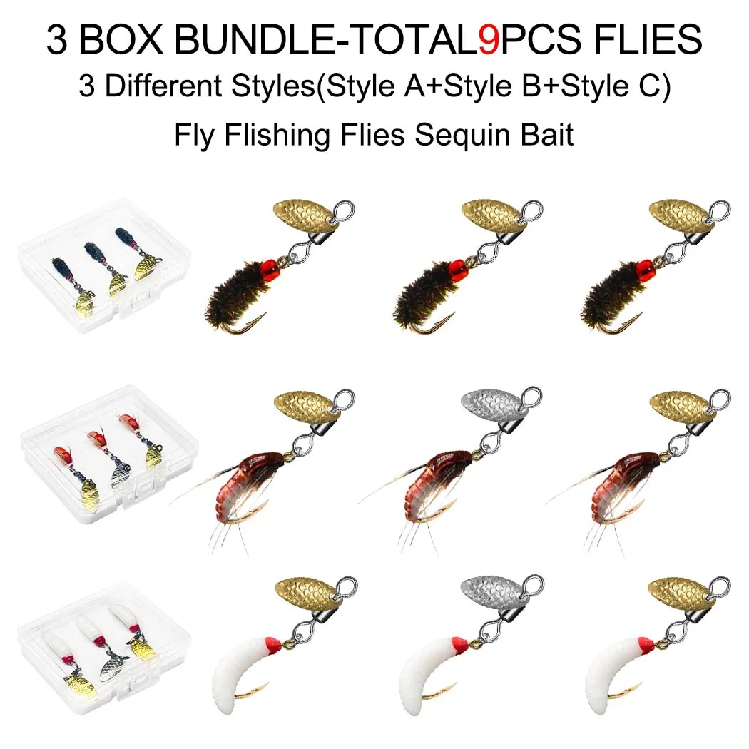 9Pc-3Boxes Bundle Fly Fishing Sequin Bait(3Pc/Box-StylesA+3Pc/Box-StylesB+3Pc/Box-StylesC)Wet Flies Bait for Flishing Trout/carp