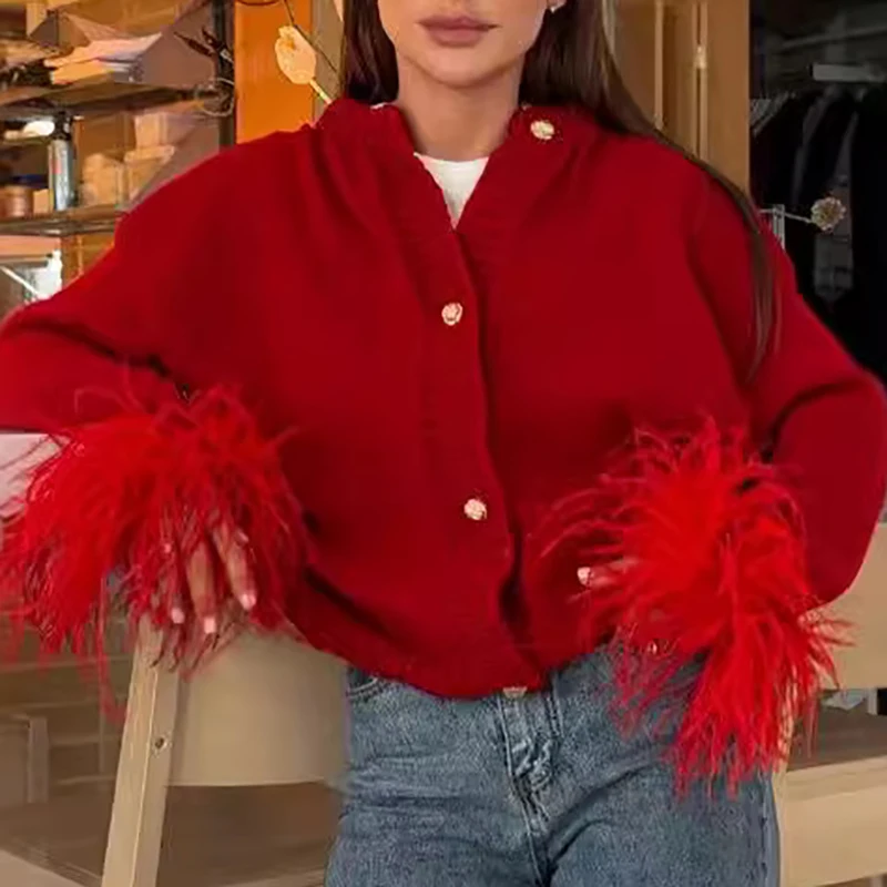 

Повседневный однобортный однотонный осенний свитер с перьями в стиле пэчворк, вязаный кардиган, модный женский свитер с круглым вырезом и длинными рукавами