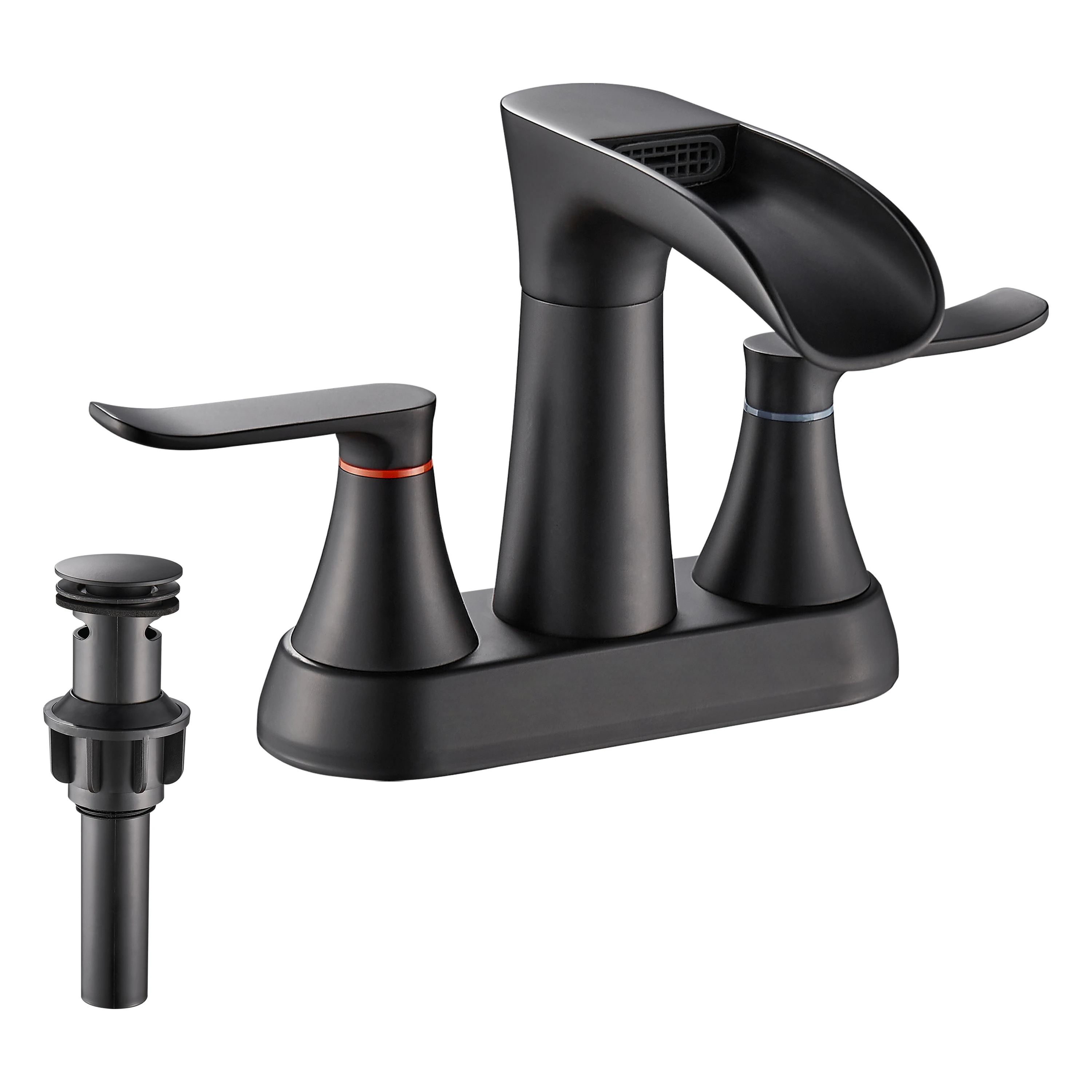 Waterfall Matte Black Bathroom Faucet,4 Inch Centerset Bathroom Faucet,2 Handle Bathroom Faucet