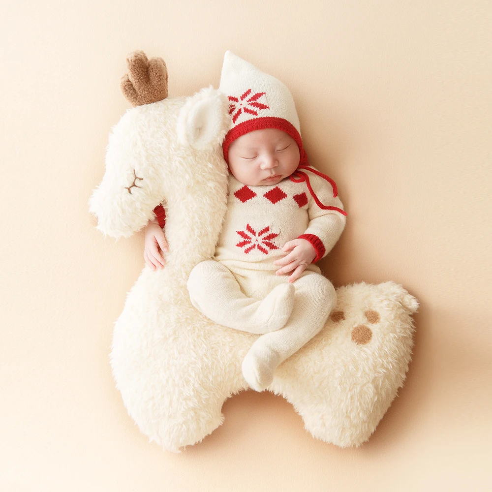 Newborn Photography Props Christmas Knitting Hat+Jumpsuit Outfit Lovely Deer Posing Pillow Photography Prop Studio Shooting