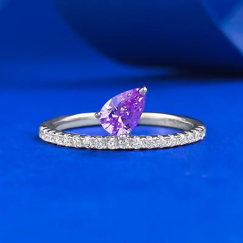 New S925 Silver Light Luxury Style Minimally Romantic Purple Water Drop Ring 4 * 6mm Pear Shaped Purple Diamond Ring