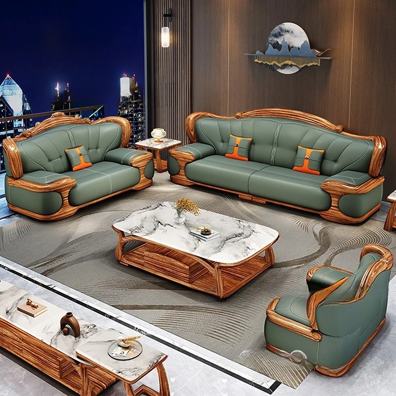 New Chinese ebony leather solid wood sofa living room 123 combination whole house work-type solid wood villa sofa