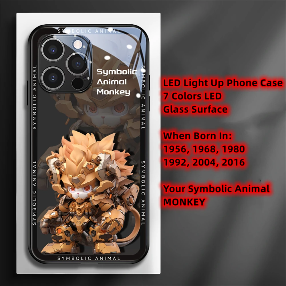 12 animali zodiacali Mecha LED Light Up Cover posteriore in vetro per iPhone 15 14 13 12 11 Pro Max X Xs Xr Plus 7 8 SE2020