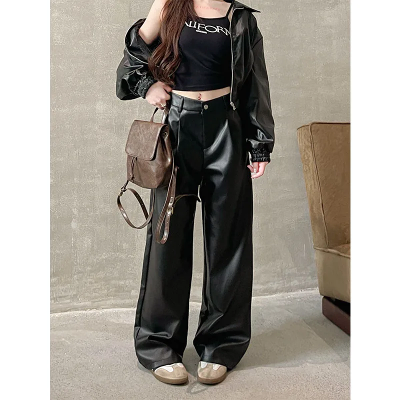 Autumn Winter Korean Vintage High Waist Straight Leather Pants Women Solid Pockets Fashion PU Oversized Casual Wide Leg Trousers