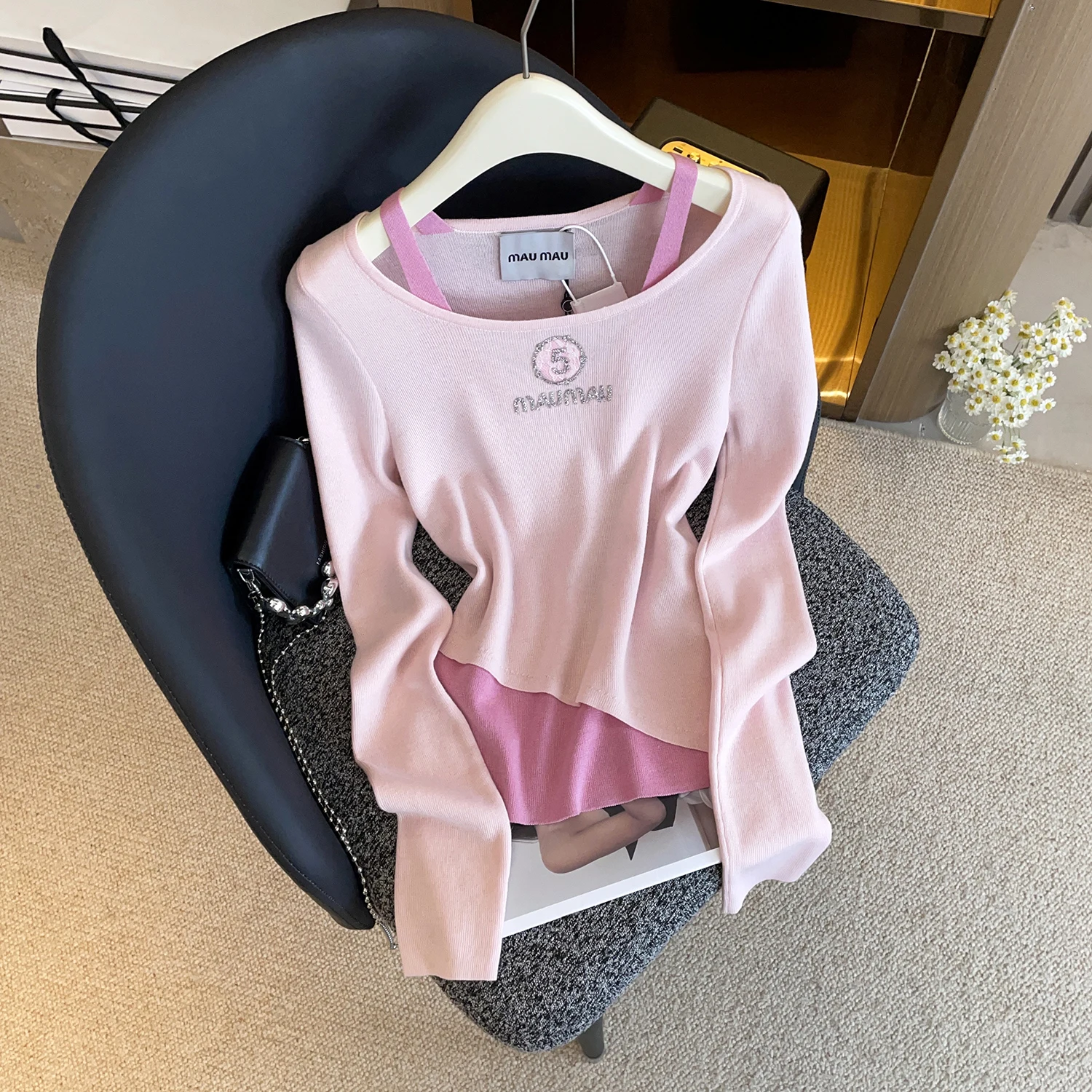 

Премиум-свитер из трикотажа с эффектом двухслойности, приталенный, розовый, в корейском стиле, мягкий, средней длины, с круглым вырезом, для повседневной носки