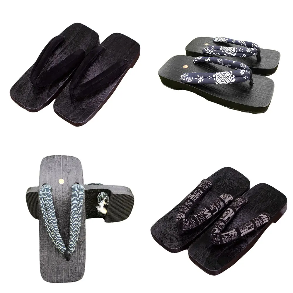 Square Head Samurai Alphabet Cosplay Shoes Ninja Flat Geta Clogs Black Wooden Dragon Stripe Slippers Summer Flip Flops Sandals
