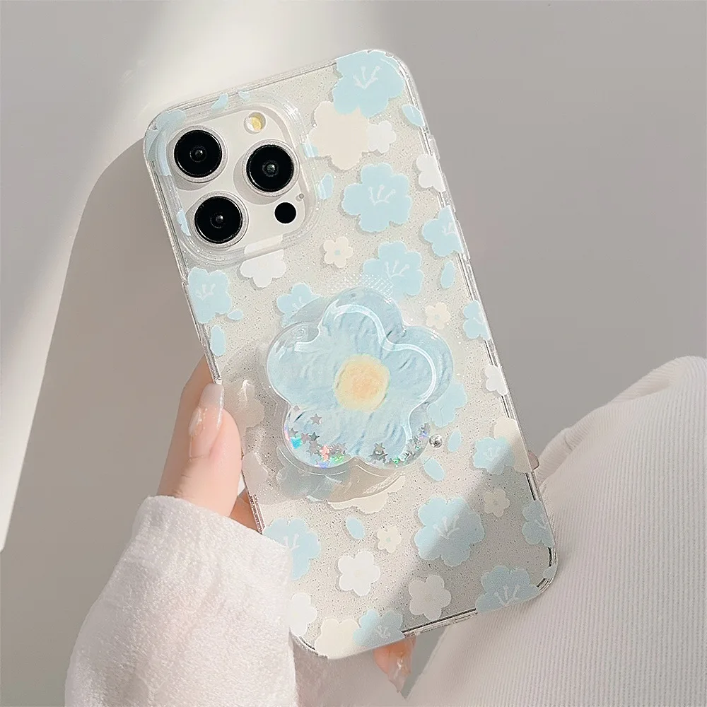 Hot Selling Phone Case For iPhone 14 ProMax 15 Plus 13 12 11 Clear Blue Small Flower Airbag Holder Anti Drop silicone Soft Shell