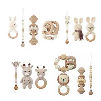 3/4pcs Handmade Crochet Baby deer/Rabbit Stuffed Dolls Newborn Bunny Rattle Toy Wooden Teething Ring Pacifier Chain Clips