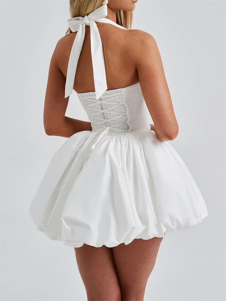 Nieuwe Vrouwen Mouwloze Halter Jurk Zomer Casual Tie Up Backless Corset Bubble Feestjurk Voor Beach Club Streetwear S M L