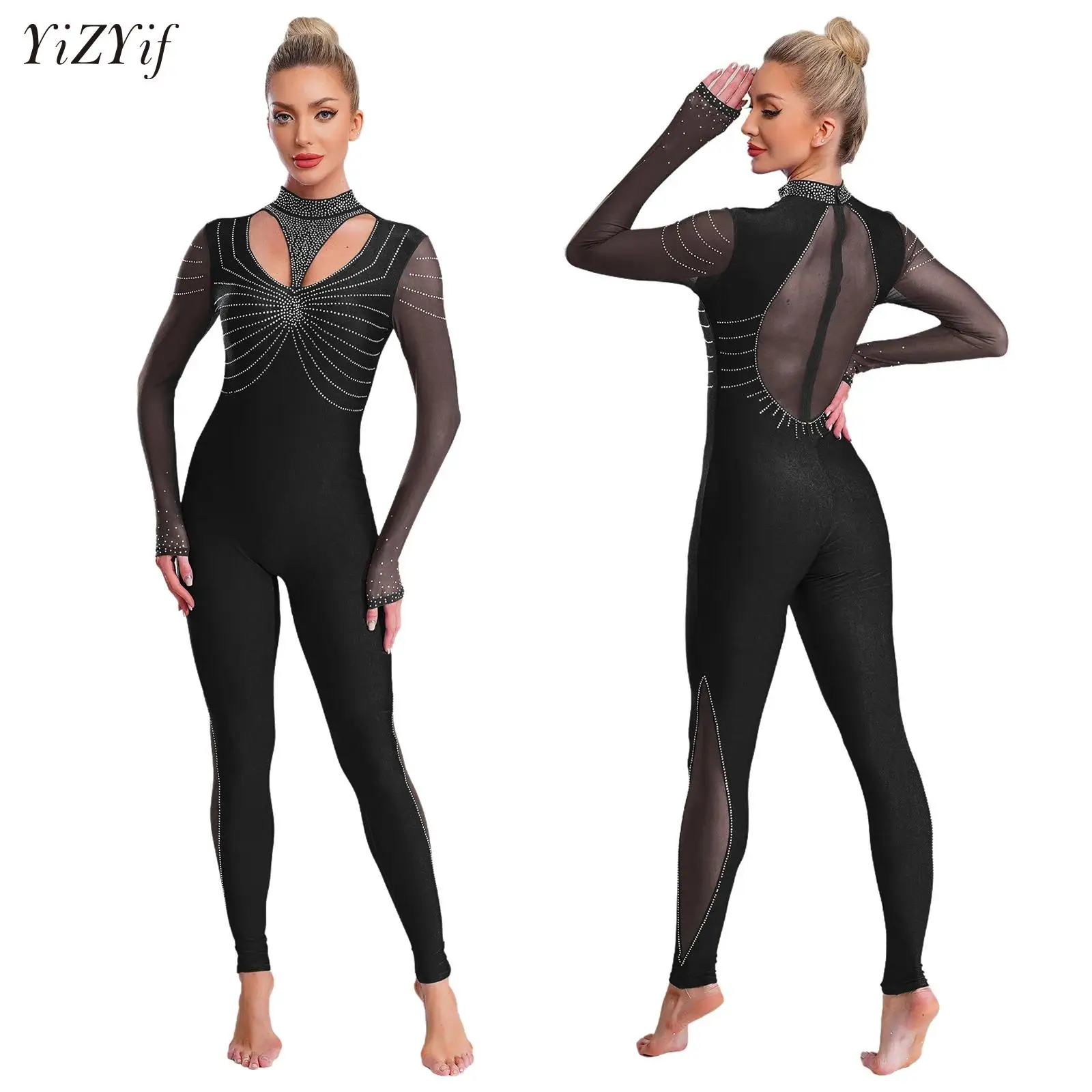 

Adults Long Sleeve Rhinestone Ballet Dance Leotard Women Sheer Mesh Gymnastics Jumpsuit Full Body Suit Figure Ice Skating Jersey