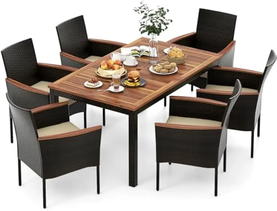 7 Piece Patio Dining Set, PE Rattan Outdoor Dining Furniture Set for 6 with Stackable Chairs & Acacia Wood Table, 1.96''