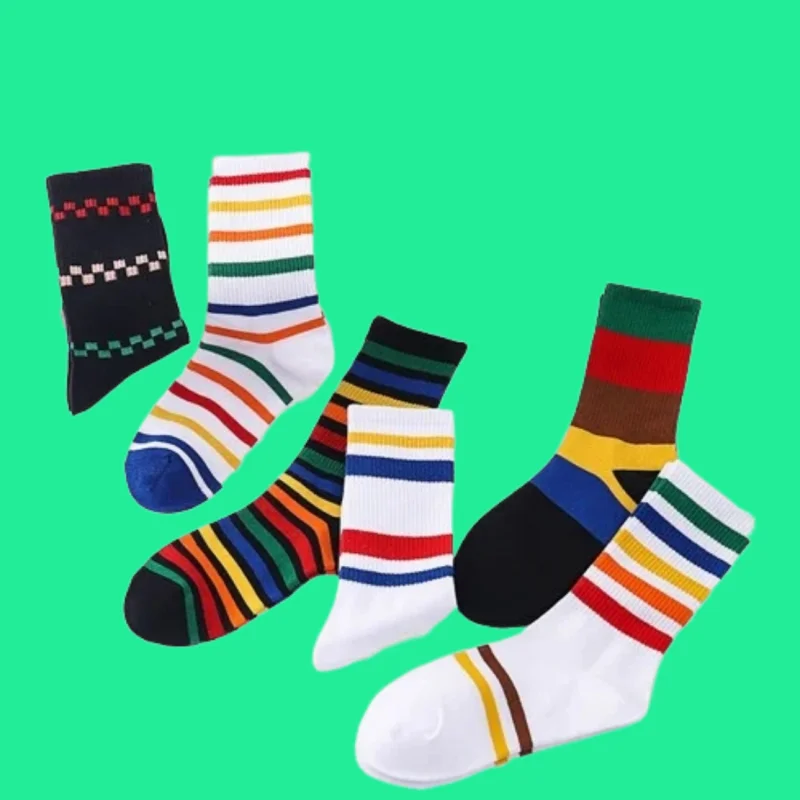 

3/6 Pairs Mid-tube Socks Campus Sports Socks Versatile Striped Cotton Socks Casual Fashion Creative 2024 New Socks Rainbow Socks