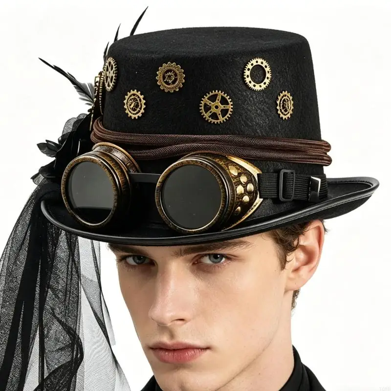 Steampunks-Themen-Mesh-Schleier-Top-Cap mit verstellbaren Brillendekoren, Modeaccessoire, Halloween-Kostümhüte, Y08E – Detail 9