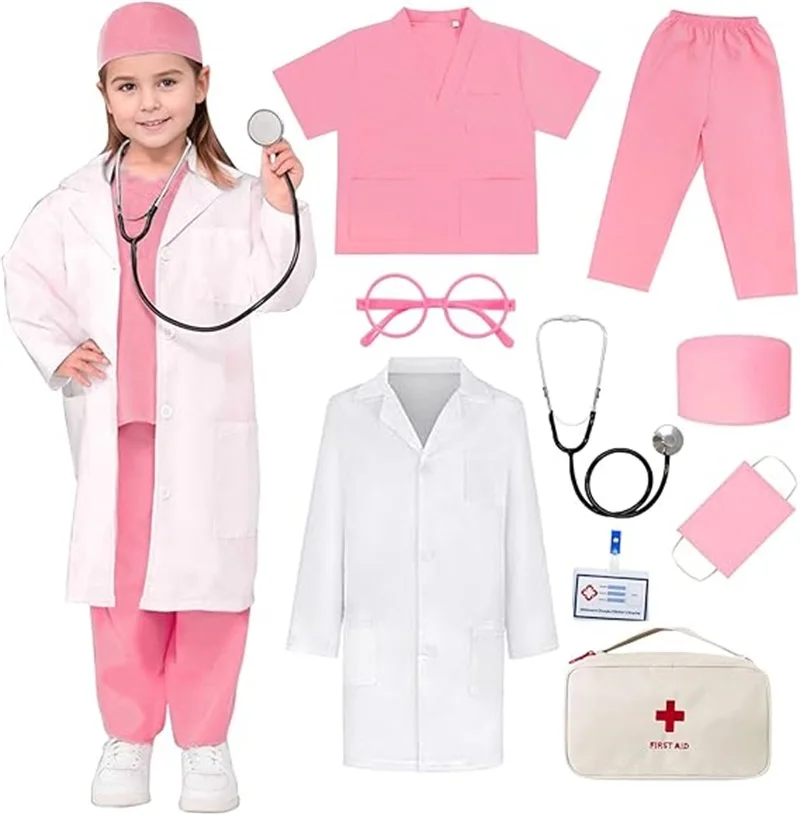 9PCS Kids Doctor Costume Toddler Medical Dress Up Outfits Coat+Real Stethoscope For Boys Girls Halloween Career Day Pretend Play