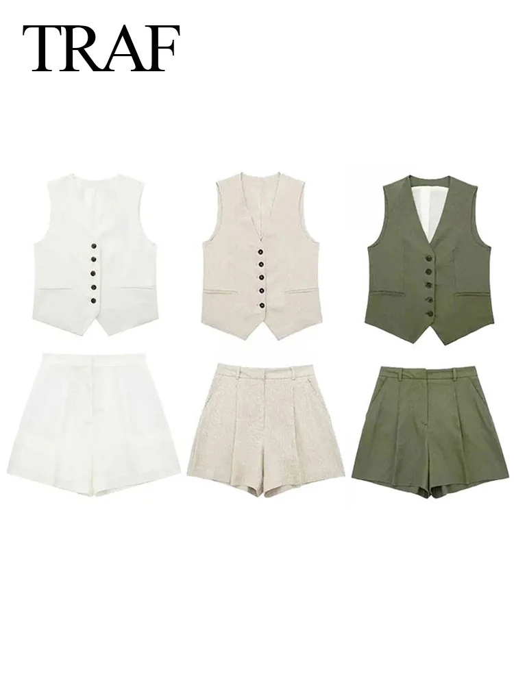 TRAF 2024 Women Vinatge Fashion Shorts Set Solid White Sleeveless Vest+Pockets Pants Female Two Pieces Set Street Roupa De Mujer