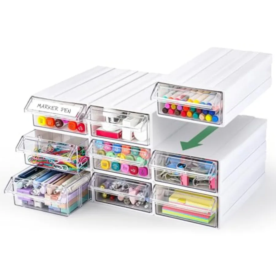 9 Pcs Stacking Office Drawer Organizers - Desktop and Wall Mounted 9 Drawer Storage Closet with 18pcs Clear Dividers Multifunct
