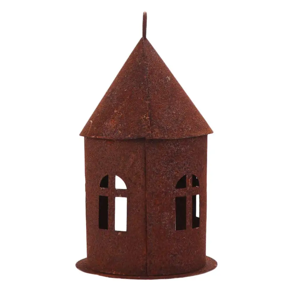 Simple Iron Rusty Castle Candlestick Hollow Design Rustic Hanging Bird Feeder Decorative Castle Ornaments Balcony