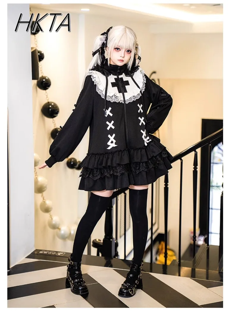 Origineel ontwerp Y2k Sweet Cool Sweatshirt Jas Lente Nieuwe Gothic Lange Mouw Zwart Witte Hoed Hoodies Lolita Meisjes Hoodie Jas