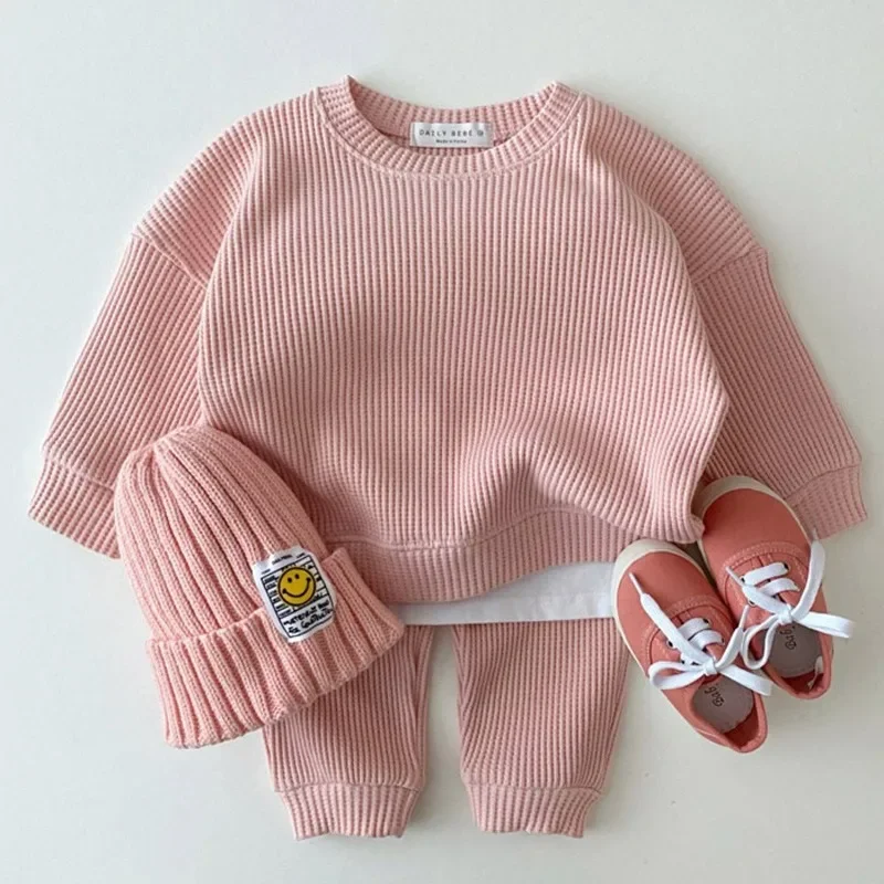 2024 New Quality Cotton korea Baby Toddler Boy Girls Set Kids Clothes for Children Pullover Sweatshirts+Solid Sports Pants 0-3T