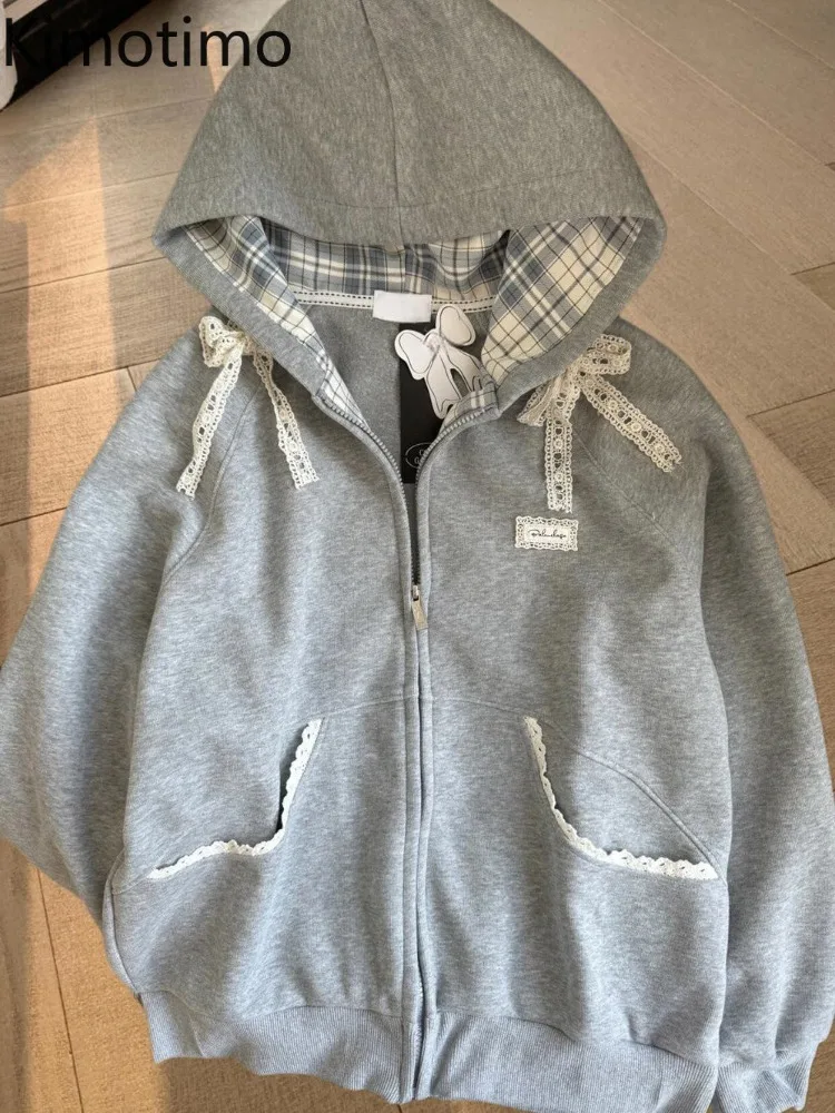 Kimotimo Gray Bow Hoodie Coat Women Lace Unique Zipper Plaid Hooded Jacket Autumn Winter Grunge Girl Kpop Y2k Loose Sweatshirts