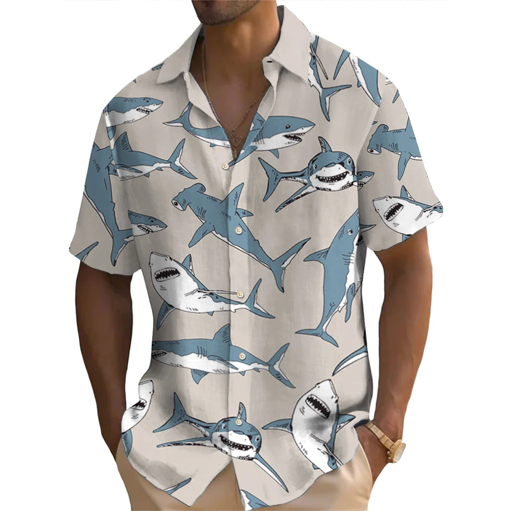 

Hawaiian Shirt For Men Kawaii Shark Pattern Short Sleeved Shirts Casual Men's Streetwear New Loose Tops Oversized Original Shirt