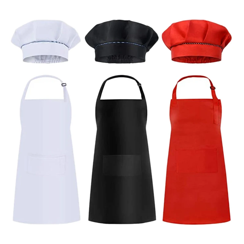 N87R 6 Pcs Kids Aprons and Hats Set Children Chef Aprons for Cooking Baking Painting Aprons White + Black + Red