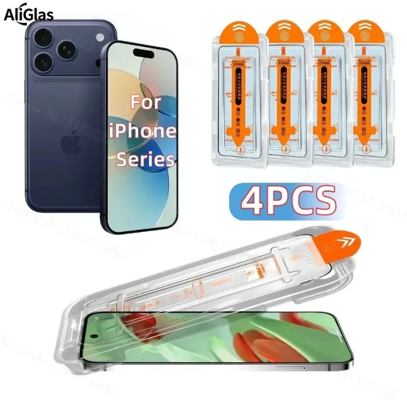 4er-Set Robuster Displayschutz aus gehärtetem Glas für iPhone 17 16 15 14 13 12 11 Pro Max Plus mit Montage-Kit zum Entfernen