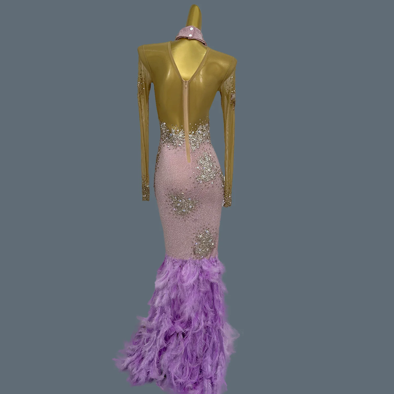 

Sparkly Rhinestone Feather Evening Dress Celebrate Party Sexy Women Mesh Long Sleeved Fishtail Gown Luxury Long Dress Shenniao