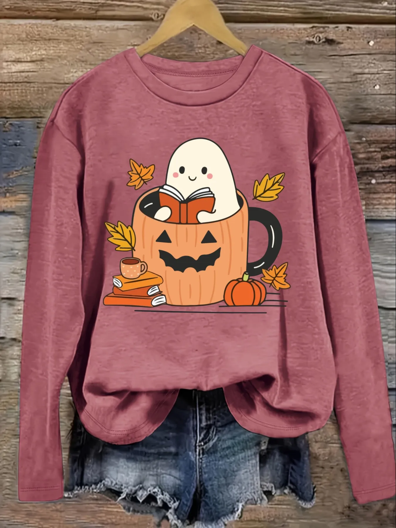 Women's Casual Long Sleeve Crew Neck T-Shirt Cute Ghost Reading In Pumpkin Mug Design, Round Neck Women's Clothing, Machine Washable, Slightly Elastic, Loose Fit, Spring Autumn Winter Women's T-Shirt, Halloween Costume Outfit view 3