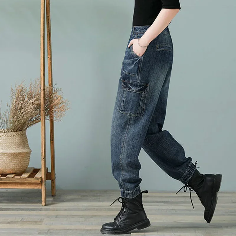 3XL Women's High Waist Cargo Jeans Pockets Wide Leg Denim Pants Spring Loose Casual Plus Size Boyfriend Jeans Harem Pants C444